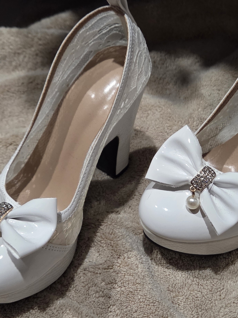 SHEIN White Bow Pearl-Accent Block Heels